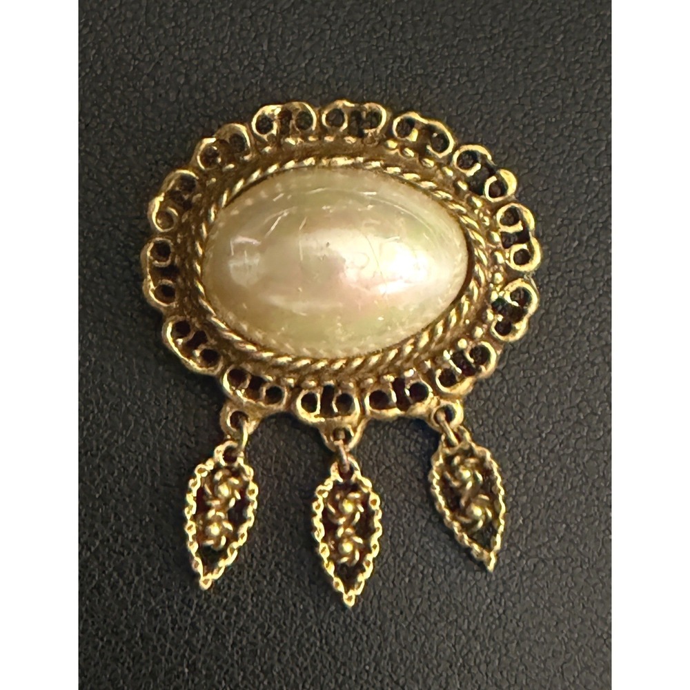 Vintage Victorian Revival Brooch Gold Tone Faux Pearl Filigree Dangle